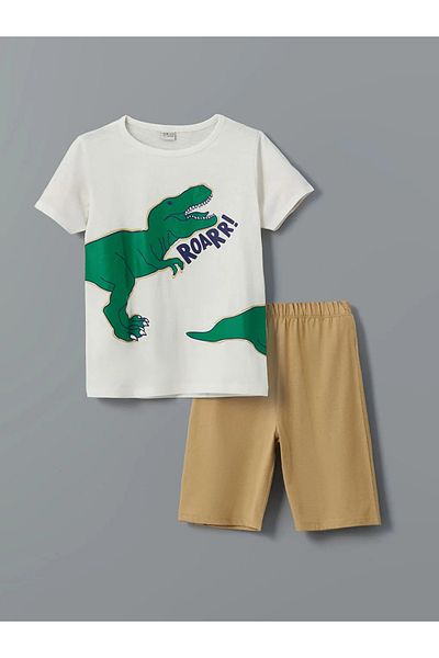 LC Waikiki Lcw Eco White Crew Neck Dinosaur Printed Boys' Pajamas Set with Shorts