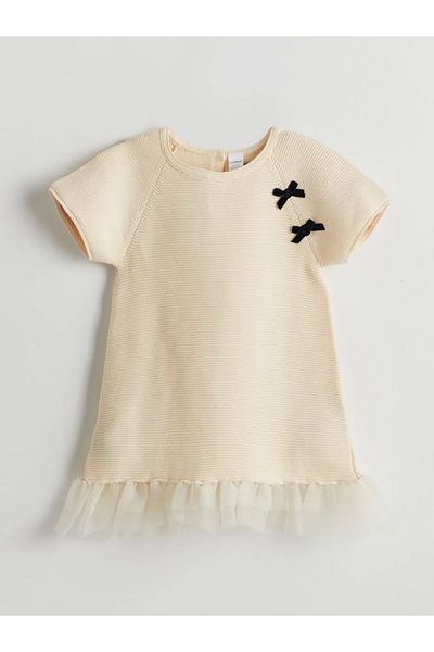 LC Waikiki LCW Kids Ecru Βαμβακερή Κορδέλα Λεπτομερές Κοριτσίστικο Φόρεμα