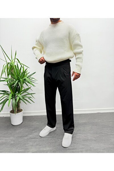 MENOFOURSWEAR Siyah Pileli Baggy Kumaş Pantolon