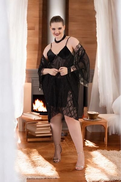 Qvien Secret Plus Size Black Lace Dressing Gown Nightgown Set
