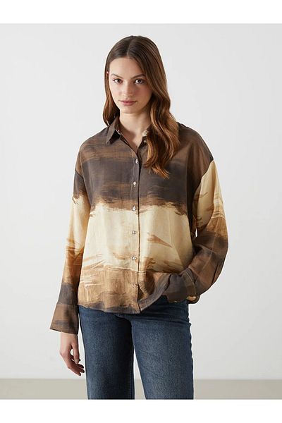 LC Waikiki LCW Vision Braun gemustertes Oversize-Satin-Damenhemd