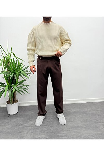 MENOFOURSWEAR Acı Kahve Çift Toka Detaylı Baggy Kumaş Pantolon