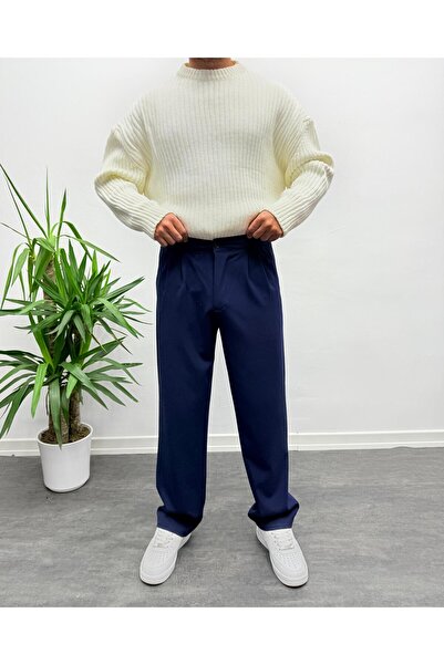 MENOFOURSWEAR Lacivert Pileli Baggy Kumaş Pantolon