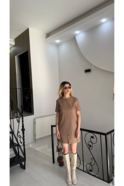 Flow Taba Taşlı Keten Kısa Elbise