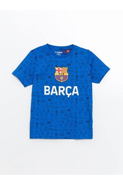 LC Waikiki Lcw Kids Blue Crew Neck Barcelona Printed Boys' Pajamas Set with Shorts