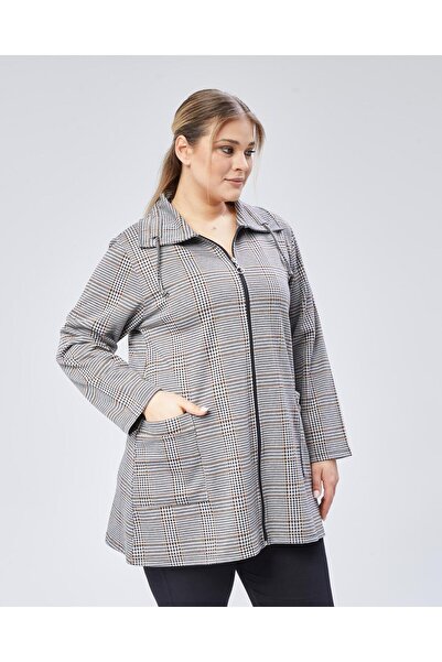 Şans Γυναικείο μπουφάν μεγάλου μεγέθους βιζόν, καρό μοτίβο με φερμουάρ 65N38791