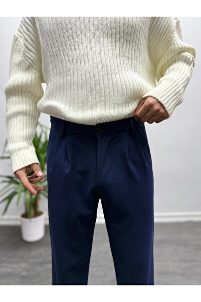 MENOFOURSWEAR Lacivert Pileli Baggy Kumaş Pantolon