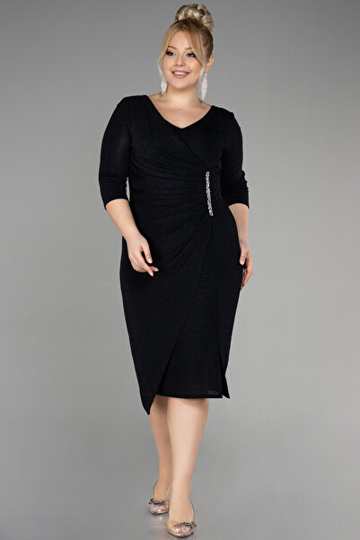 Efelif Siyah Kapri Kol Midi Simli Büyük Beden Davet Elbisesi Abk39922