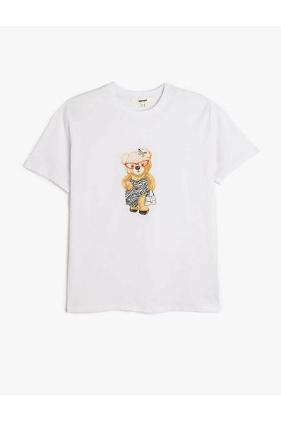 Koton Tricou cu mânecă scurtă, cu decolteu, din bumbac, cu imprimeu ursuleț
