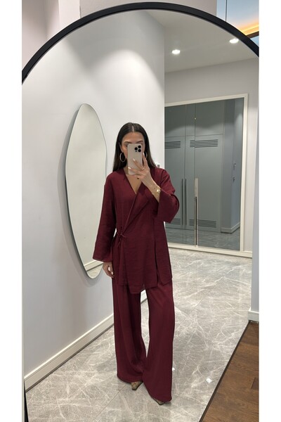 sinemkivanc co Front Tie Burgundy Kimono Set