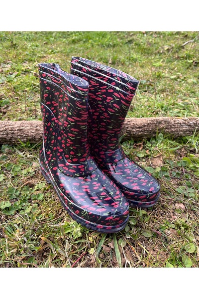 BOTMAX Kırmızı Çiçekli Kadın Yağmur Çizmesi