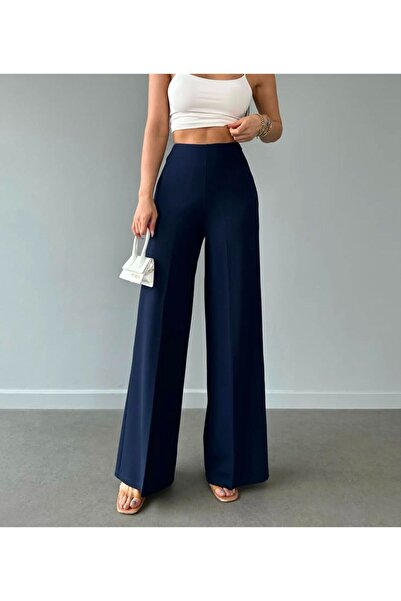 MODA بنطلون قماش ليكرا بسحاب باللون الأزرق الداكن