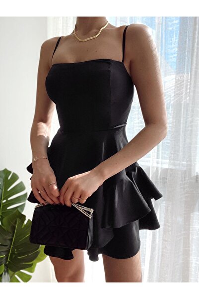 ZISHAN Mini rochie neagră de întoarcere la casă cu fustă cu bretele subțiri 102