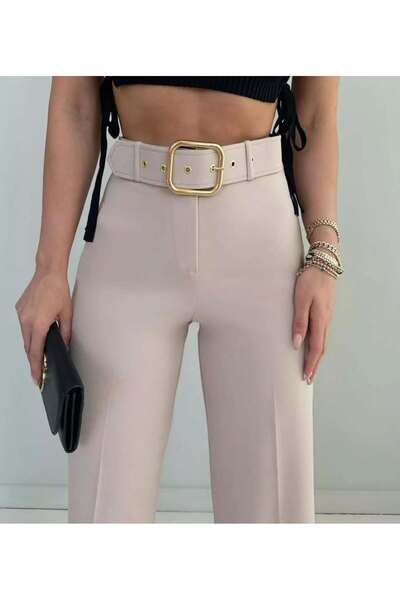 Zeren Tekstil Women's Classic Belted Palazo Fabric Trousers