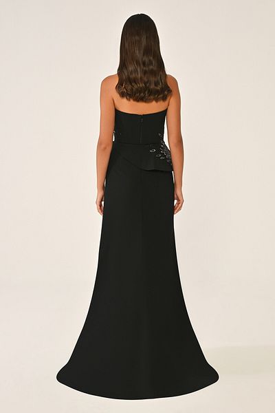 ALFABETA Strapless Embroidered Slit Openwork Tulle Crepe Long Dress