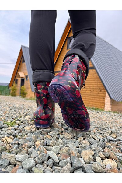 BOTMAX Kırmızı Çiçekliiçi Müflonlu Kadın Yağmur Çizmesi