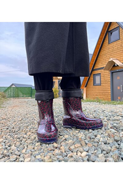 BOTMAX Kırmızı Çiçekli Içi Müflonlu Kadın Yağmur Çizmesi