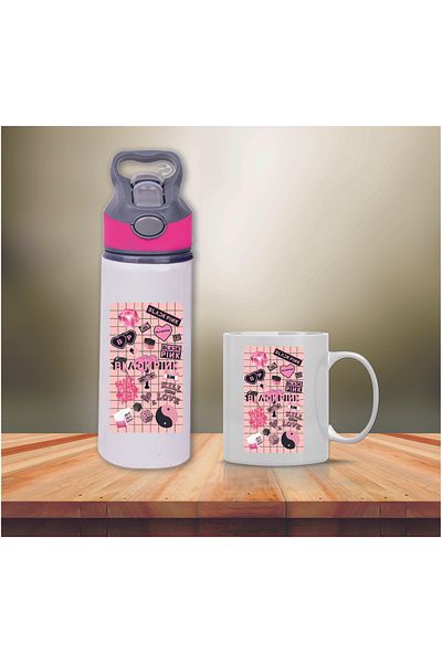 DKDZ SHOP Black Pink Printed Metal Water Bottle with Straw and Mug Cup-015