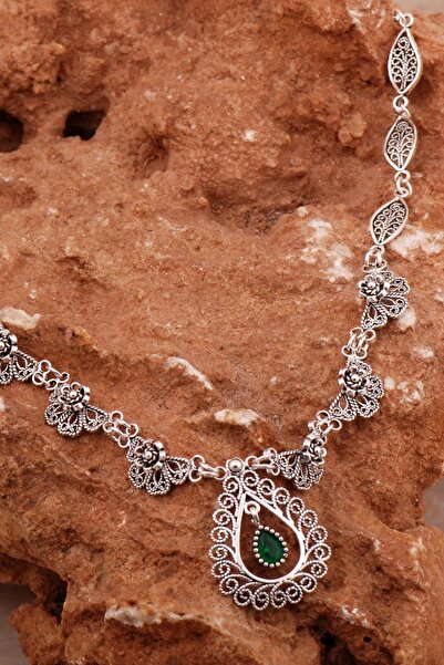 Sümer Telkari Zümrüt Damla Telkari İşlemeli Gümüş Gerdanlık Kolye 8015