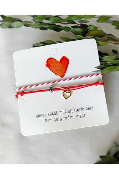 Atölye Merdiven Red Bracelet and Evil Eye Beaded Heart Set