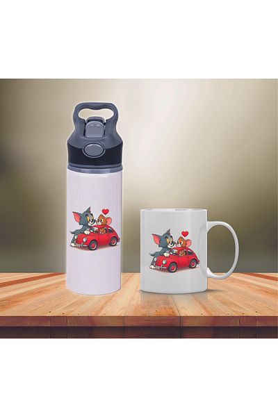 DKDZ SHOP Tom and Jerry Printed Metal Water Bottle with Straw and Mug Cup-008