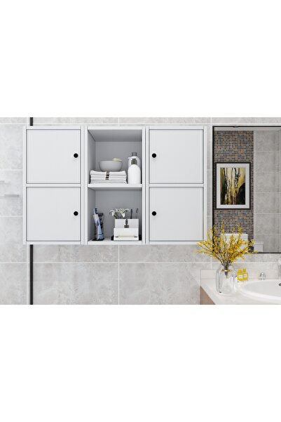 Nettrends Rea Dört Kapaklı Raflı Beyaz Banyo Rafı BNY-1091