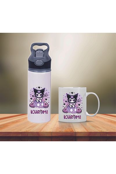 DKDZ SHOP Kuromi Printed Metal Water Bottle with Straw and Mug Cup-020