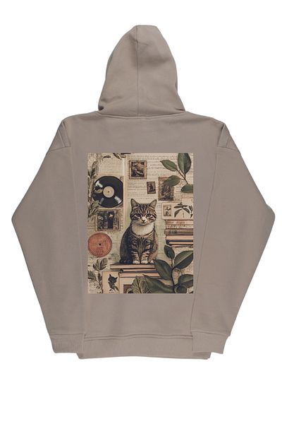 By Caspita Fashion Hanorac unisex oversize bej cu imprimeu pe spate Lenithra Cat