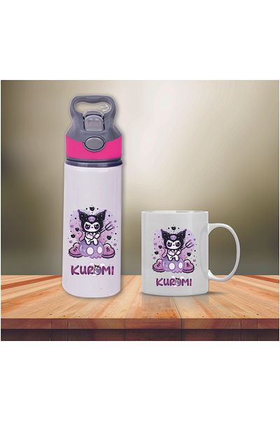DKDZ SHOP Kuromi Printed Metal Water Bottle with Straw and Mug Cup-019