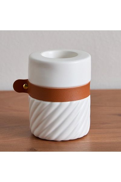 Home Box Tilden Half Ribbed Ceramic Candleholder with PU Band 8.5x8.5x11 cm
