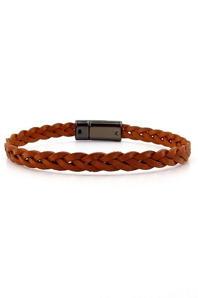Solfera Tan Brown Braided Hard Leather Anthracite Metal Magnet Men's Bracelet M061A