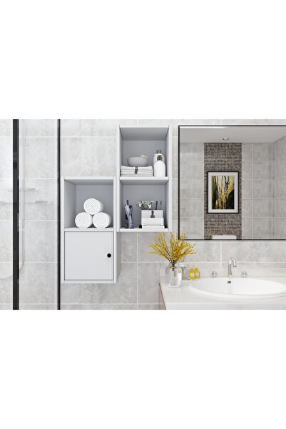 Nettrends İki Modül Kapaklı Raflı Duvar Tipi Beyaz Banyo Rafı BNY-1058