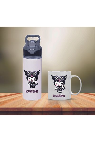 DKDZ SHOP Kuromi Printed Metal Water Bottle with Straw and Mug Cup-024