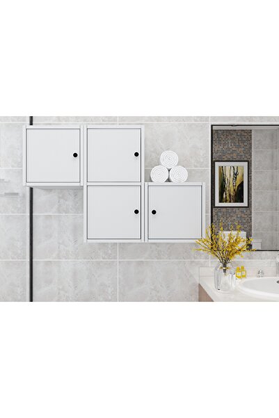 Nettrends Dört Modüllü Kapaklı Duvar Tipi Banyo Rafı Beyaz BNY-1084