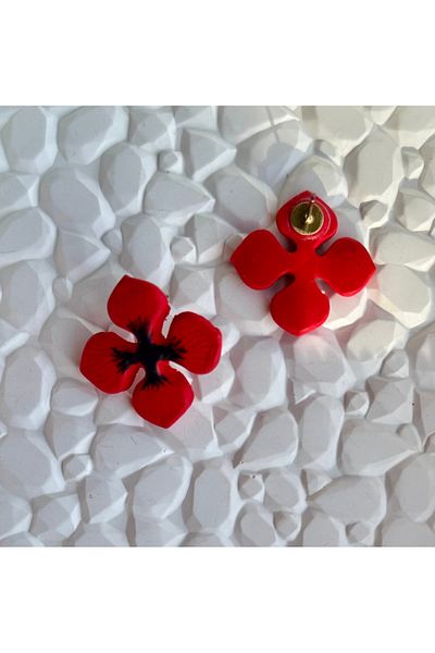 ACCESSORY Red Black Striped Flower Earrings Polymer Clay Earrings