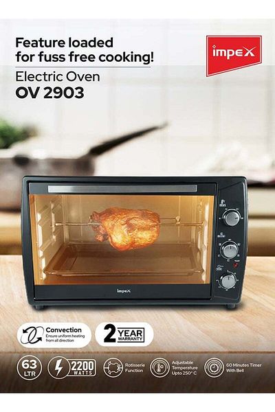 İMPEX Electric Oven 63Ltr Rotisserie Function, Temp 100-250°C, 60-Min Timer, 6 Heating Level 2200W OV2903
