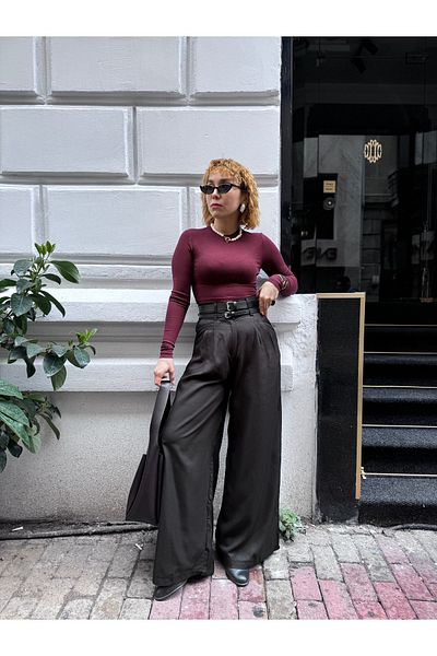 Bak'ap Premium Double Belted Ektra High Waist Wide Leg Pleated Fabric Trousers