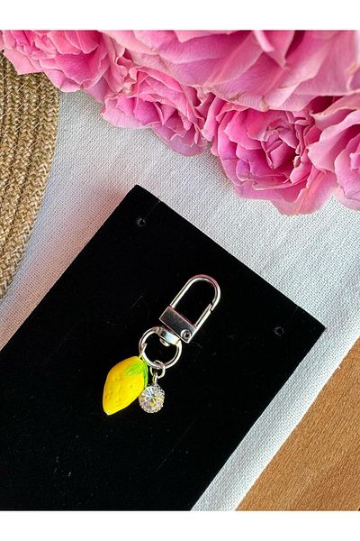 PEONY - peonyofficiall Clip-On Lemon Glass Murano Silver Solitaire Detailed Wallet Ornament Charm Bag Ornament Silver Keychain