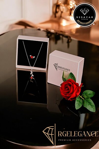 RGELEGANCE Premium Accessories 925 Ayar Gerçek Gümüş Kırmızı Gül Temalı Sevgi...