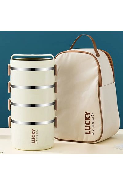 AYB Lucky 4-Layer Stainless Steel Dinner Bag with Thermos Carry Bag and Fork Spoon Set