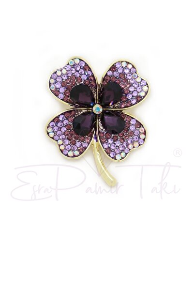 Esra Pamir Mor ve Lila Zirkon Taşlı 4 Yapraklı Yonca Broş
