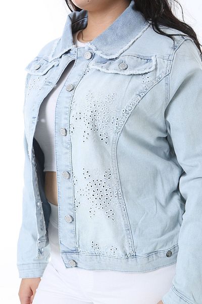 Şans Plus Size Blue Embroidered Women's Denim Coat - 65n38241