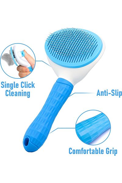 Milena Life Blue Color Ergonomic Handle Pet Keys Automatic Cleaning Cat and Dog Comb Hairball Collector