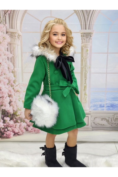 N.S.K NEWSTAR KİDS Çocuk Giyim Çantalı Kadife Elbiseli Kiz Çoçuk Kaşe Kaban Mont Seti