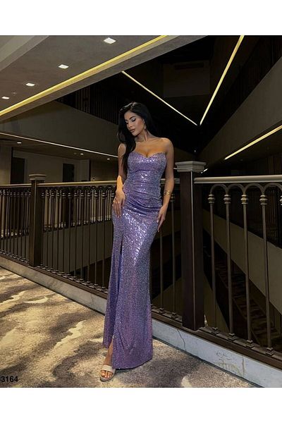 WoolnClyde Women's Lilac Strapless Neckline Slit Detailed Draped Long Glitter Sequin Sequined Maxi Evening Dress