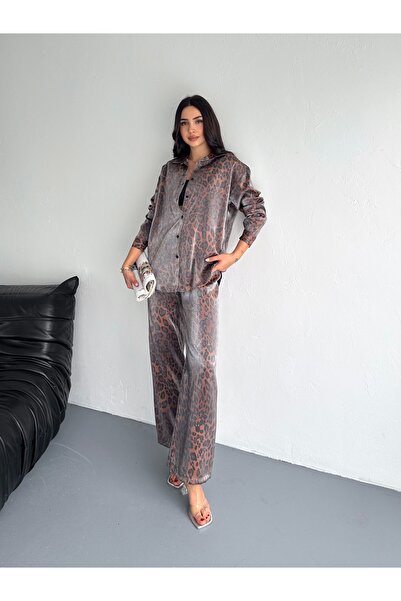 sportiness Fényes Leopard Print foltos szatén szövet ing öltöny