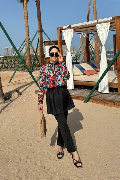 lurex moda Half Digital Printed Hijab Swimsuit