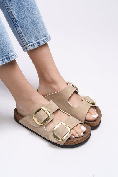Riccon Γυναικείες Παντόφλες Vylsula Beige - Διπλή Πόρπη 0012602