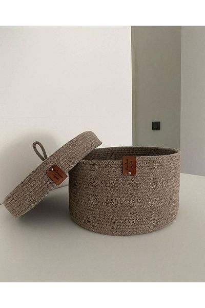 Sevdam Sepet Mink Medium Size Multi-Purpose Basket with Lid, Decorative Basket, Cotton Basket, Wicker Basket, Jute Basket
