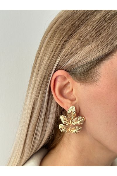 YOUES JEWELRY Gold Colored Leaf Patterned Women's Earrings